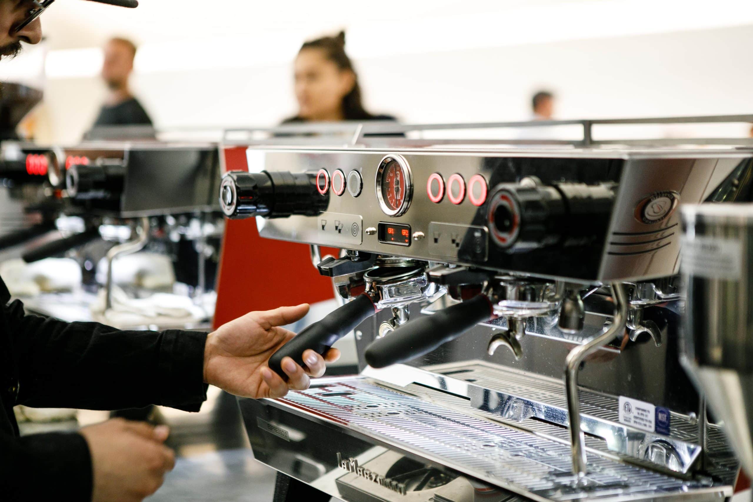 The La Marzocco KB90 features straight-in portafilters and is available with or without integrated scales. 