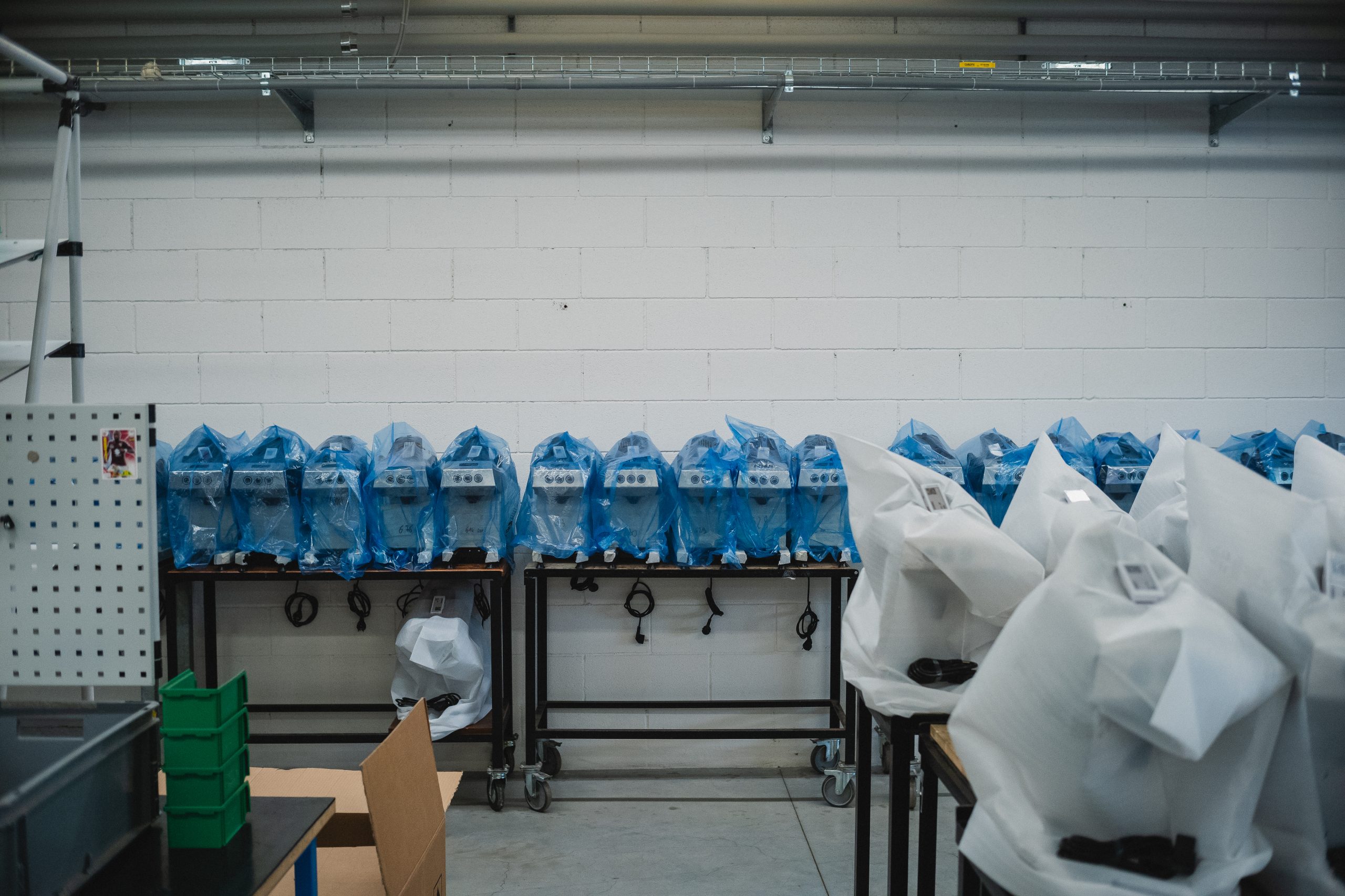 a row of finished Swans waiting for final testing