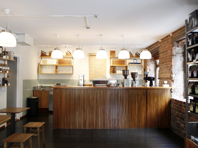 Wood paneled coffee bar