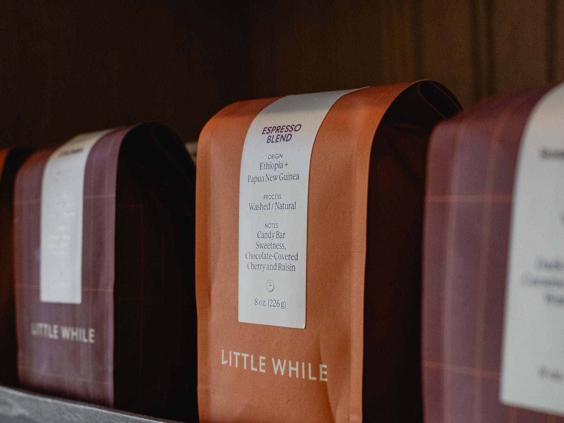 a close up of a bag of little while espresso blend