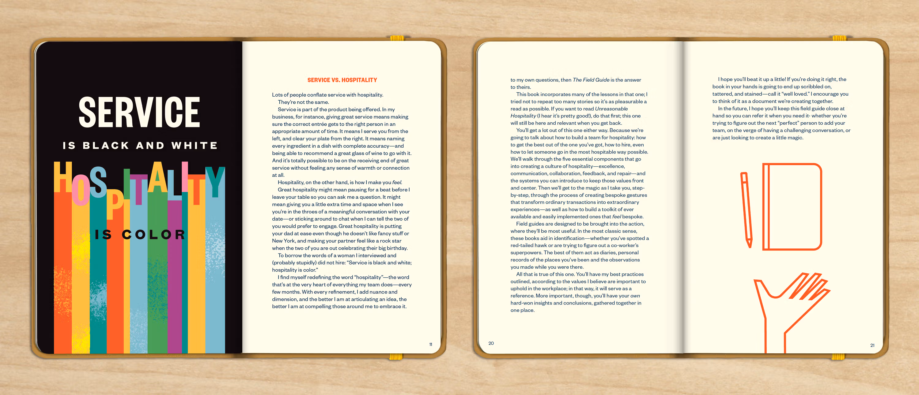 the insider pages of the book. one says service is black and white, hospitality is color and shows the colors streaking down the page