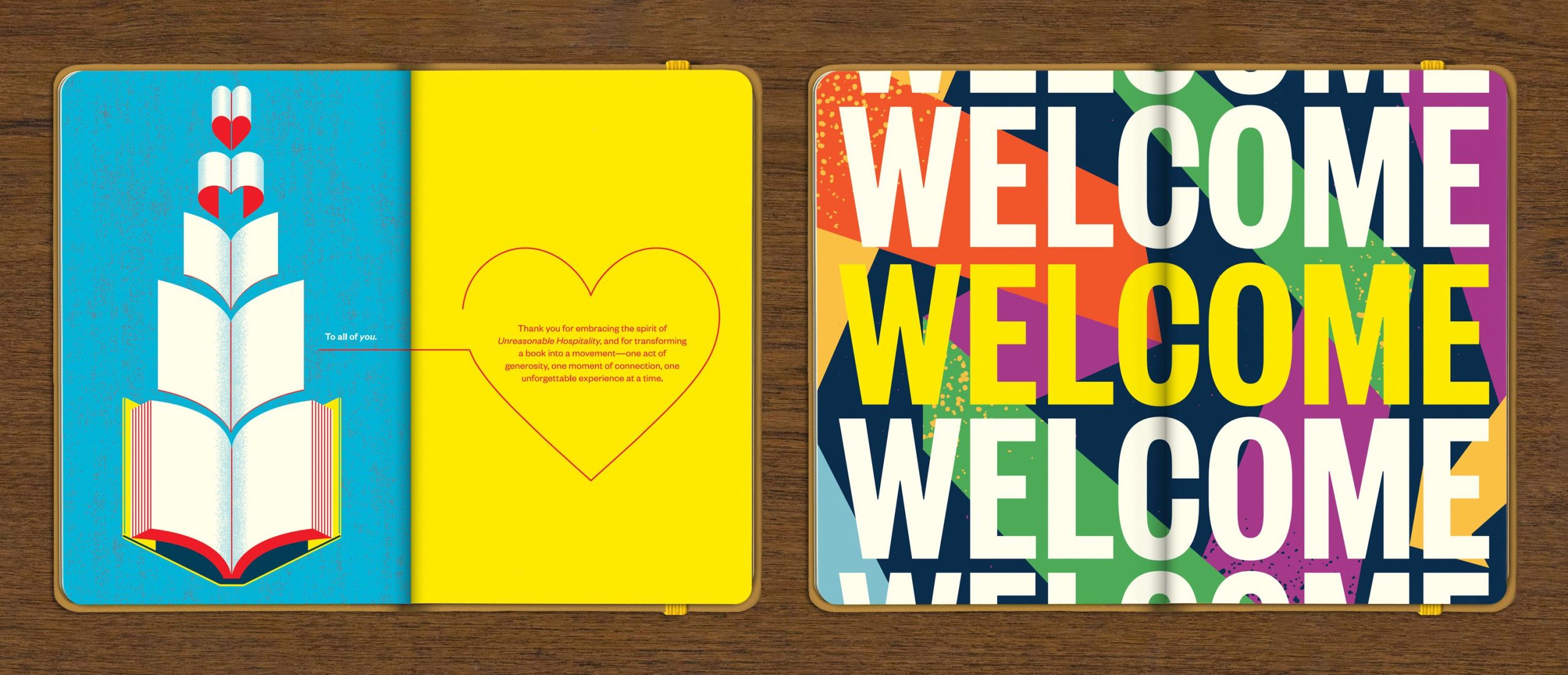 a photo of two pages from the book. one shows an open book morphing into a heart shape, the other says Welcome over and over on top of a colorful background