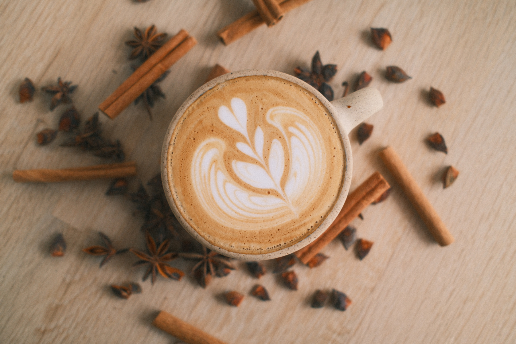 an overhead shot of the wolf spice latte with cinnamon, star anise, and clove